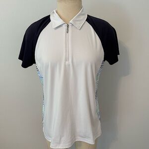 IZOD Golf White & Navy Blue Stripes Quarter Zip Short Sleeve Polo Shirt Large